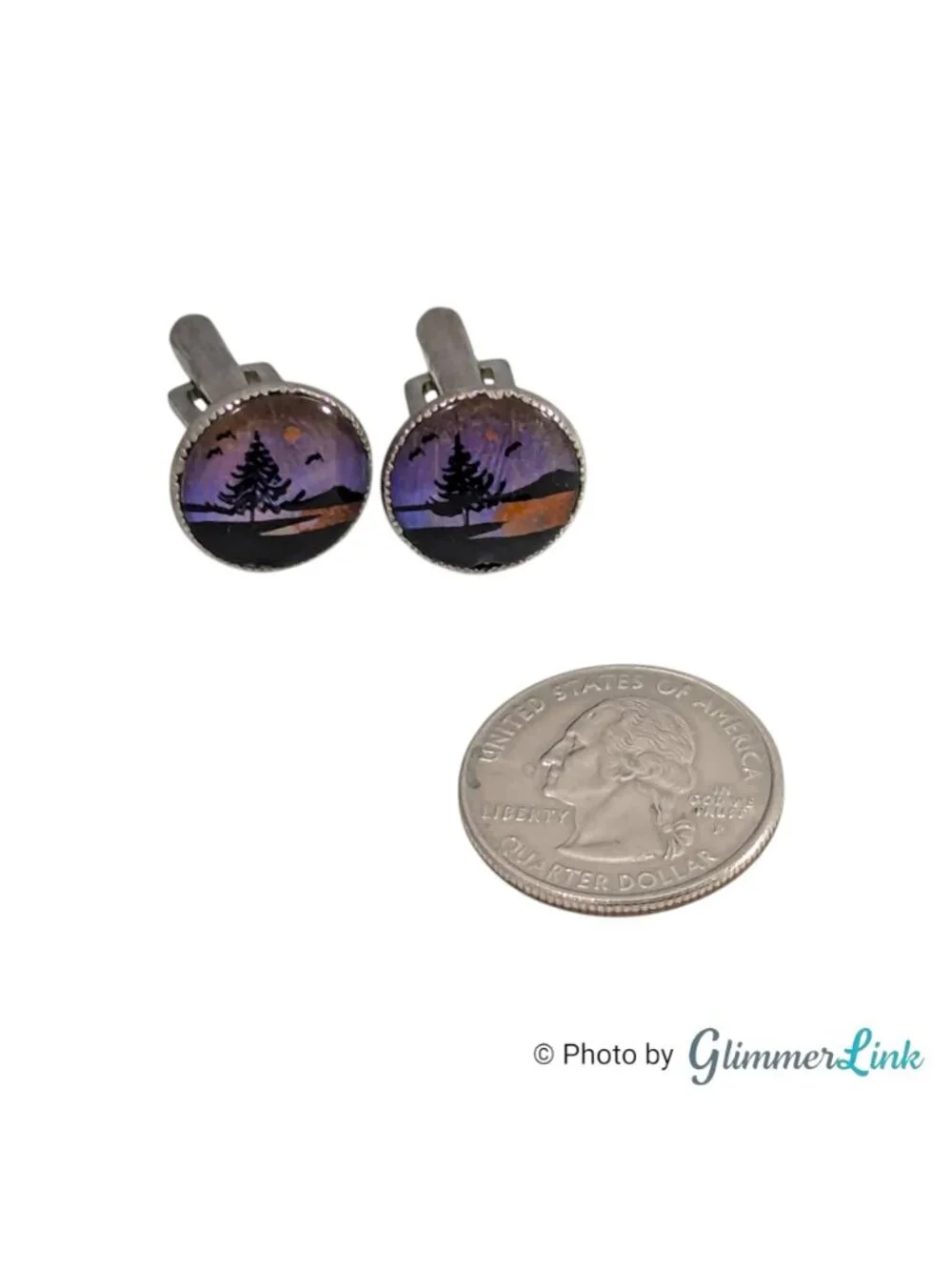 Vintage Butterfly Wing Landscape Cufflinks Hand Painted Scenic Silver Tone
